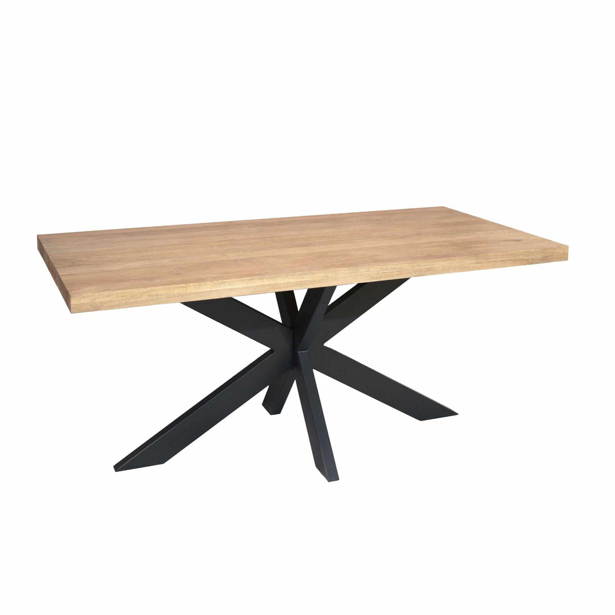 Rechthoekige houten tafel met licht houtblad en zwarte X-vormige poot