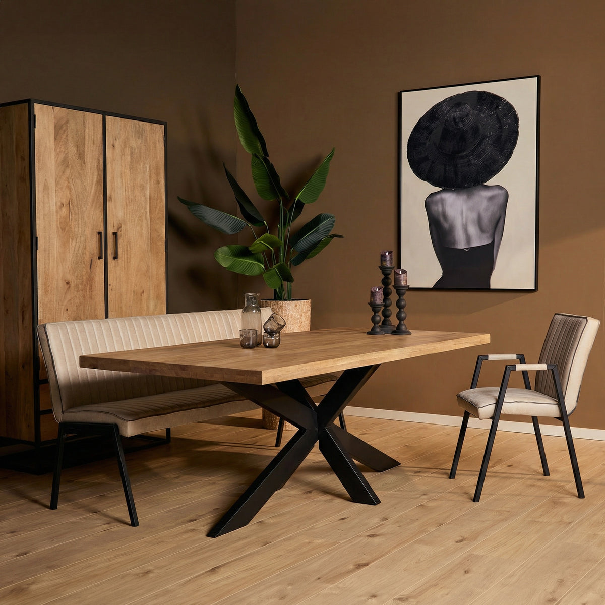 Eettafel met rechthoekig houten blad en zwarte kruispoot, 200 cm lengte