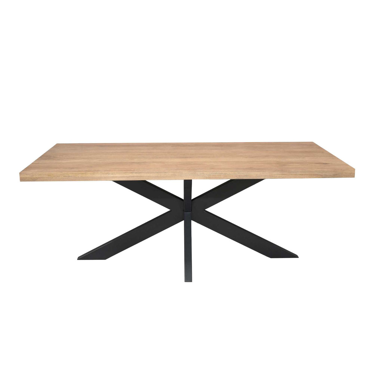 Eettafel met licht houten blad en centraal zwart kruispoot-onderstel