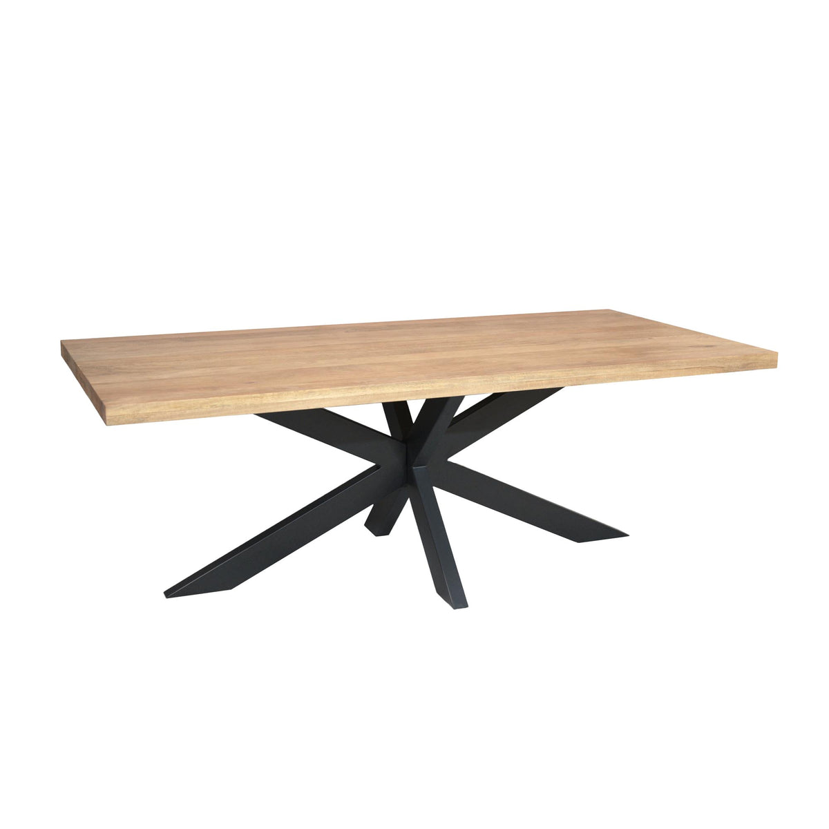 Rechthoekige eettafel met licht houten blad en zwart metalen poten in kruisvorm