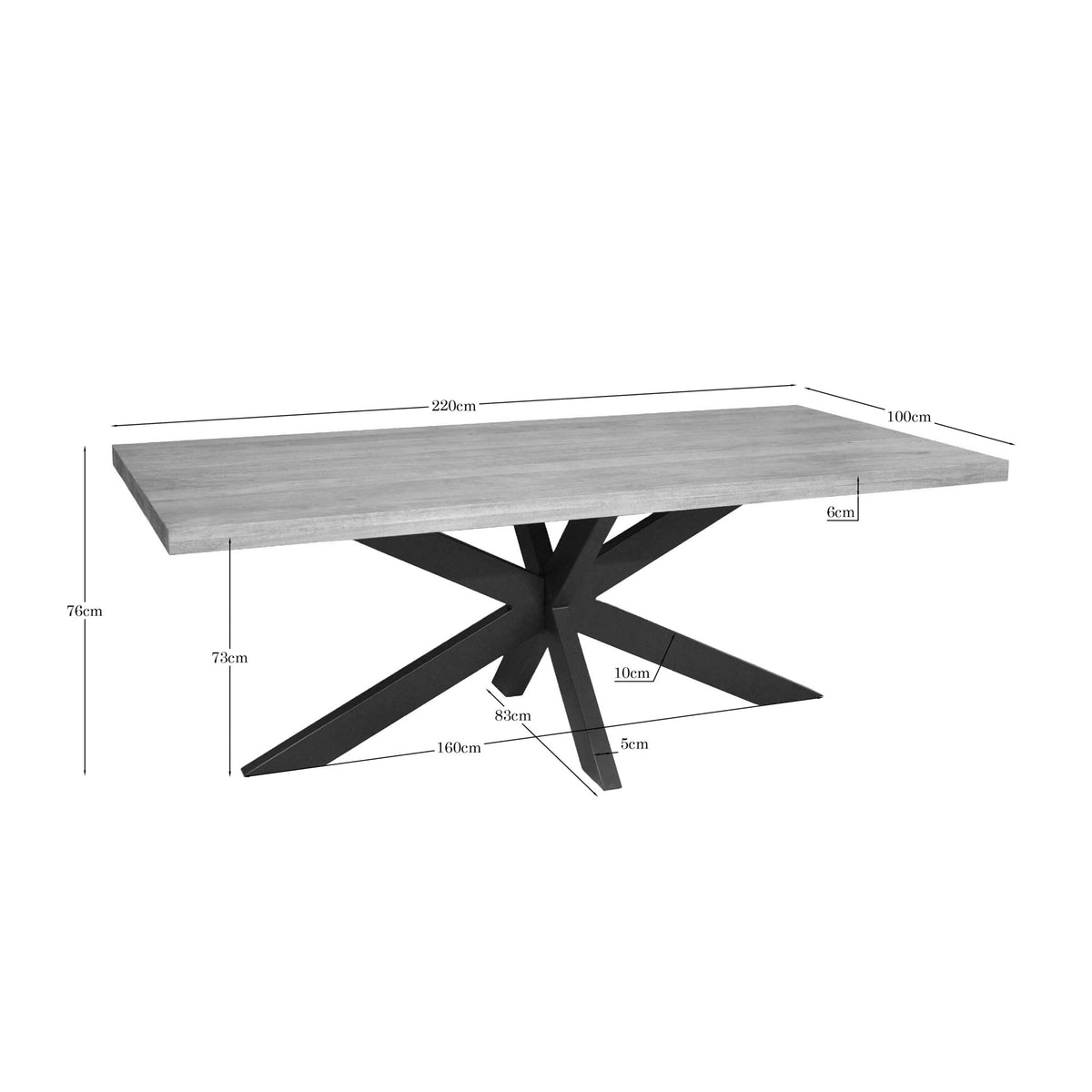 Rechthoekige eettafel, licht houten blad; 220×100 cm, 75 cm hoog, 6 cm dik