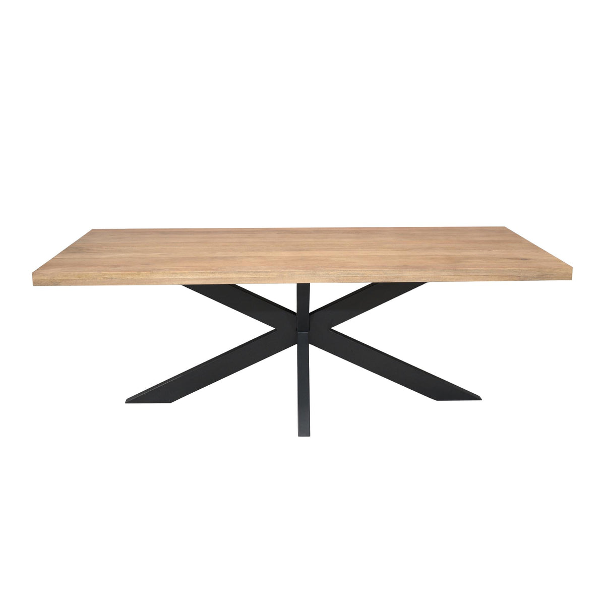 Rechthoekige eettafel met licht houten blad en zwarte kruispoot onderstel.