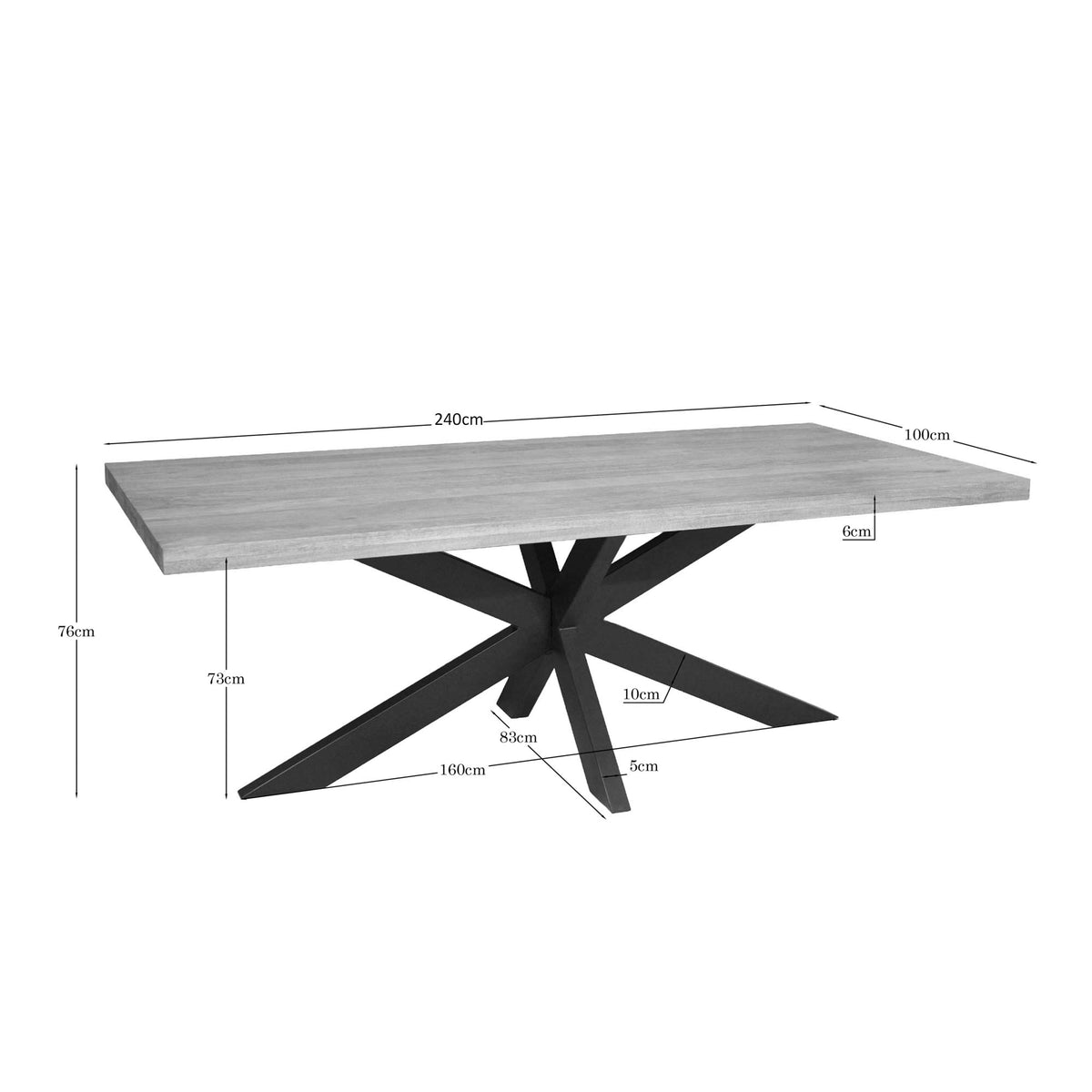 Rechthoekige eettafel met licht houten blad, zwarte poot en zichtbare maatlijnen.