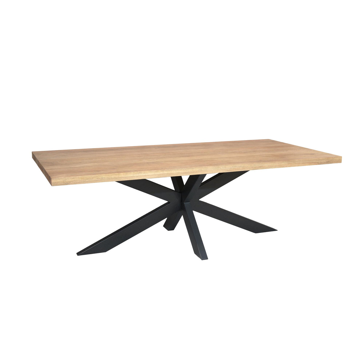 Rechthoekige eettafel met licht houten blad en zwarte centrale kruispoot