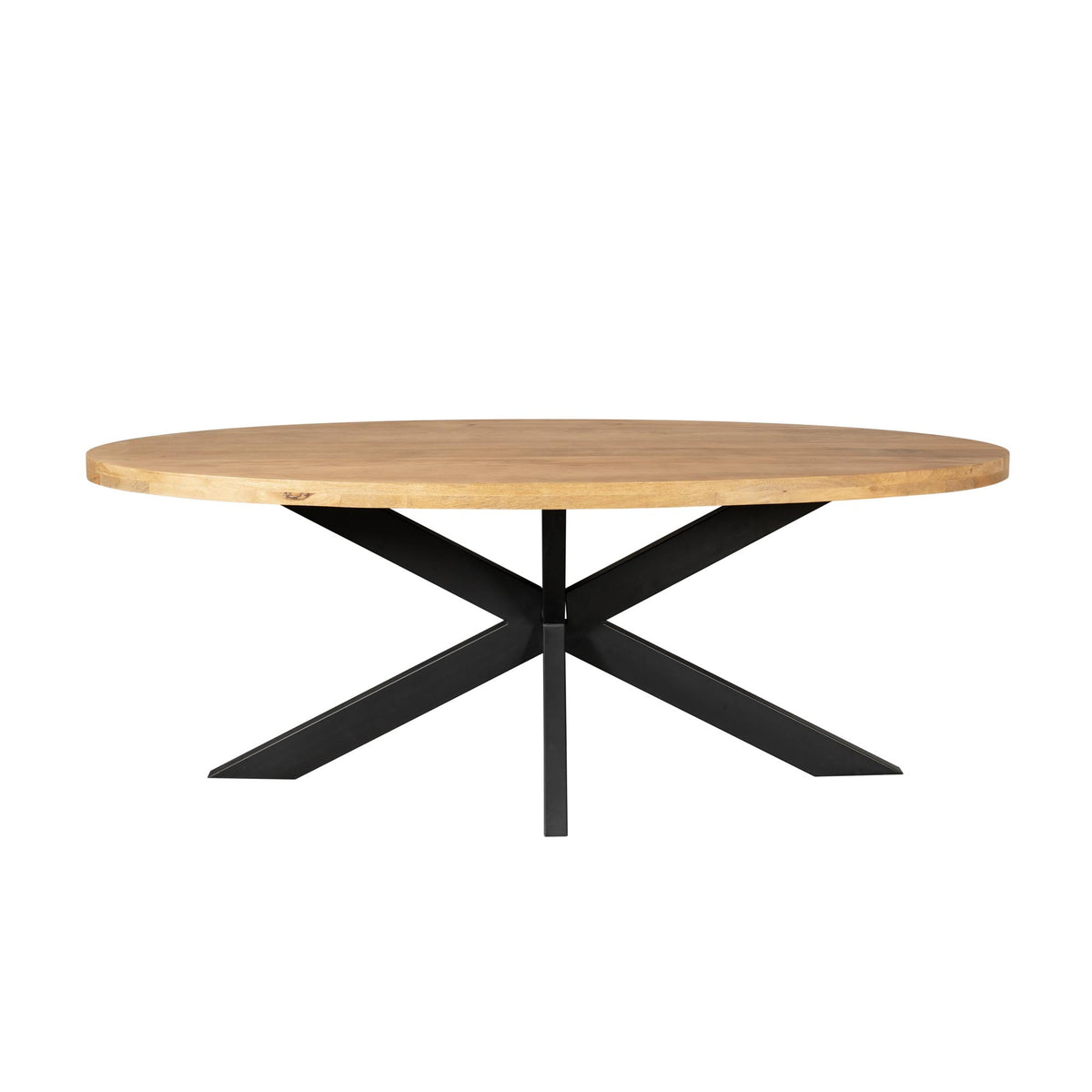 Ovale houten eettafel met zwart metalen kruis-onderstel, 160 cm