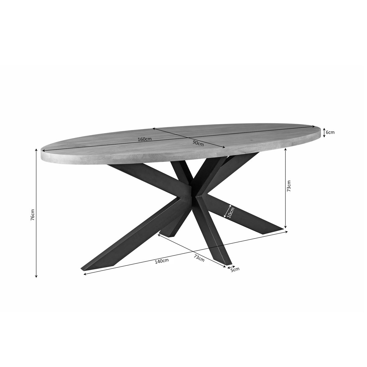 Ovale eettafel met ovaal blad en zwart metalen onderstel, met zichtbare afmetingen