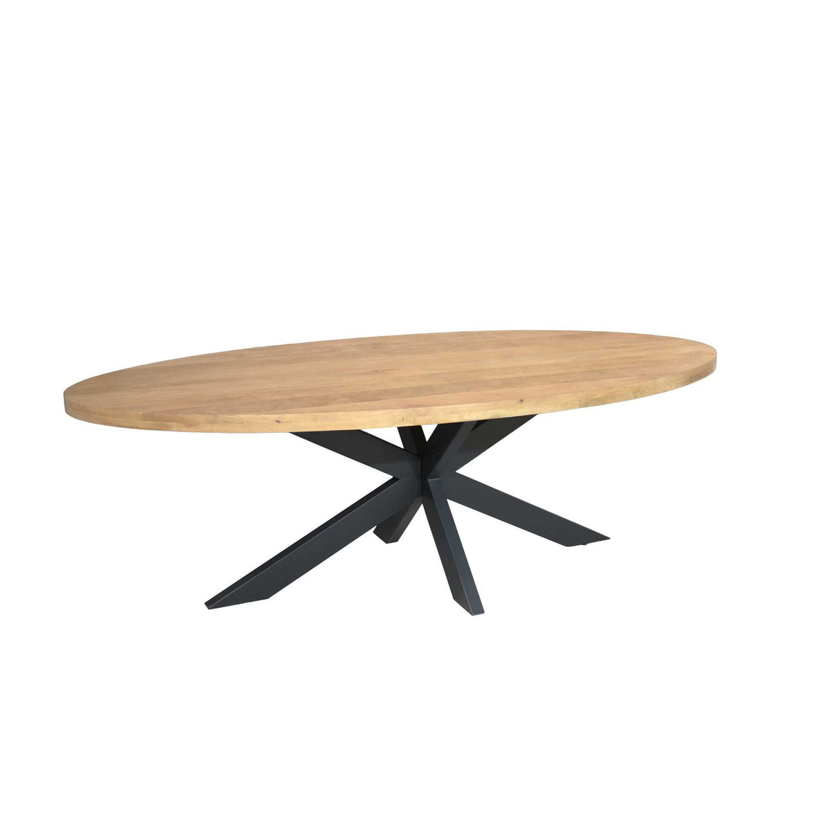 Ovale eettafel met licht houten blad en zwarte kruisvormige metalen poten