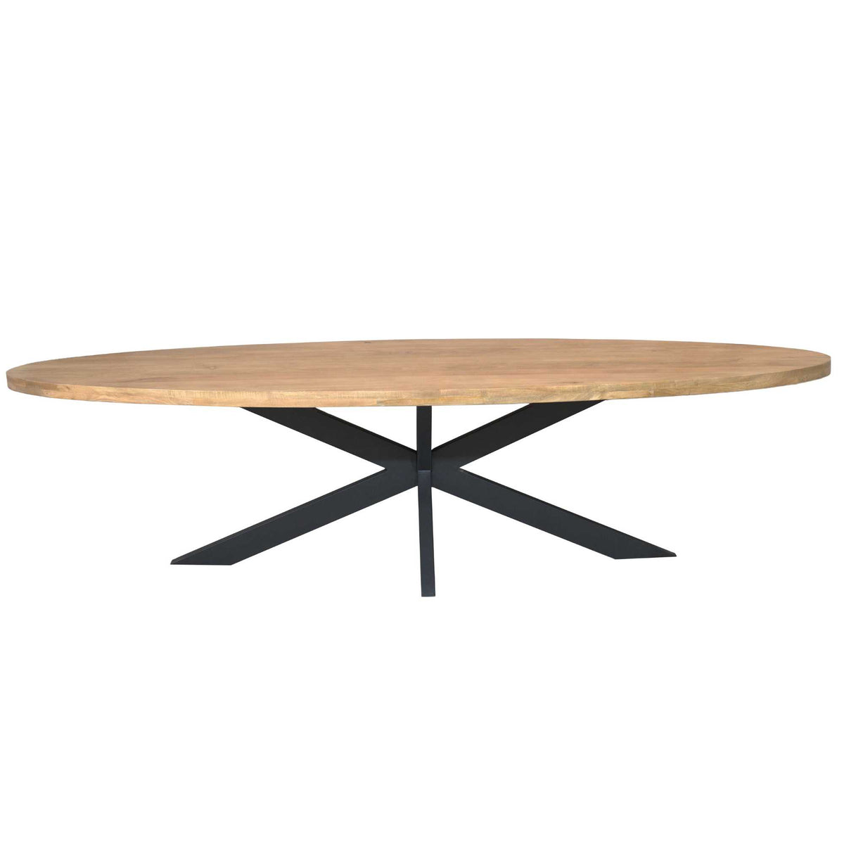 Ovale houten eettafel met zwart metalen kruispoten onder het blad