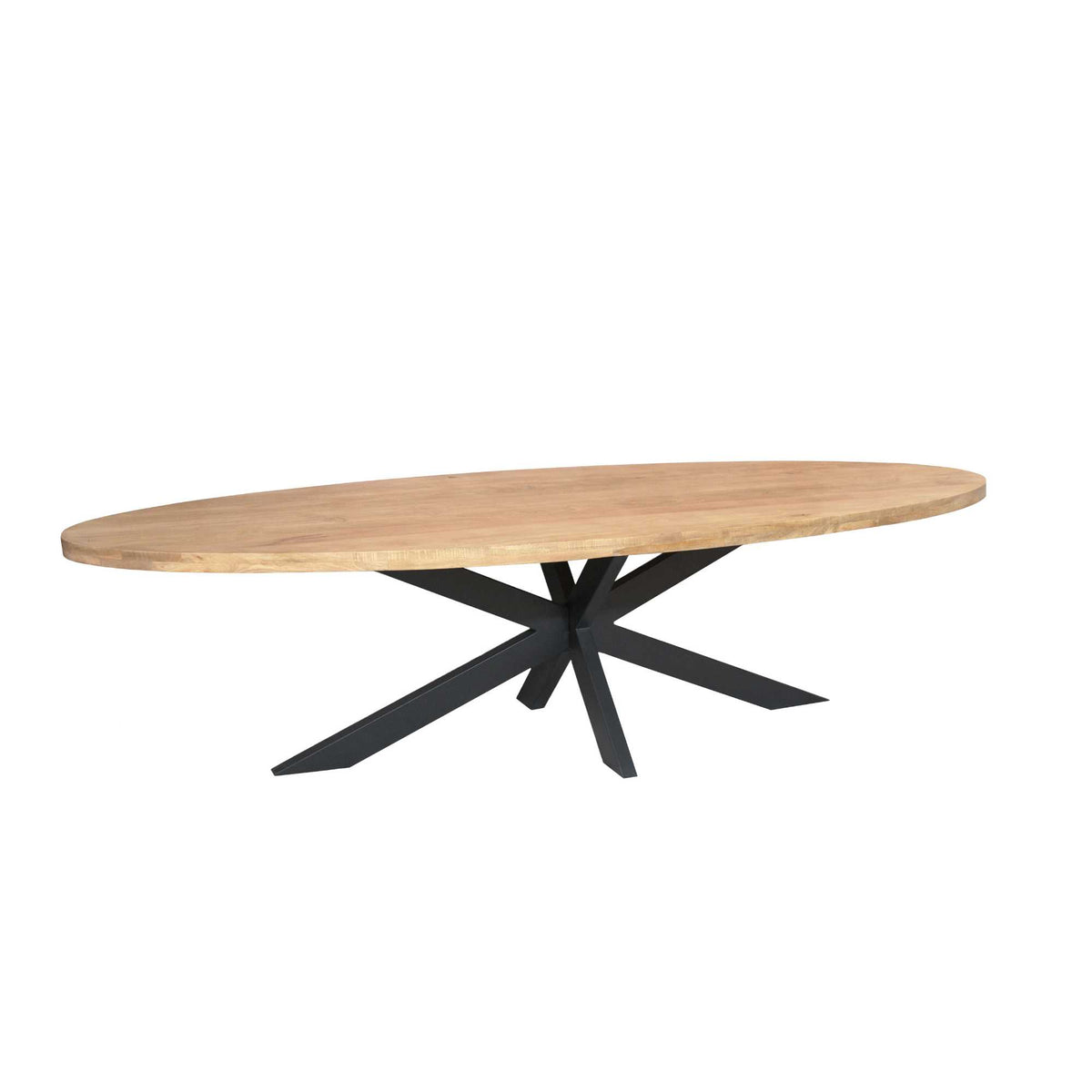 Ovale houten eettafel met zijaanzicht, rond blad en zwarte x-poten