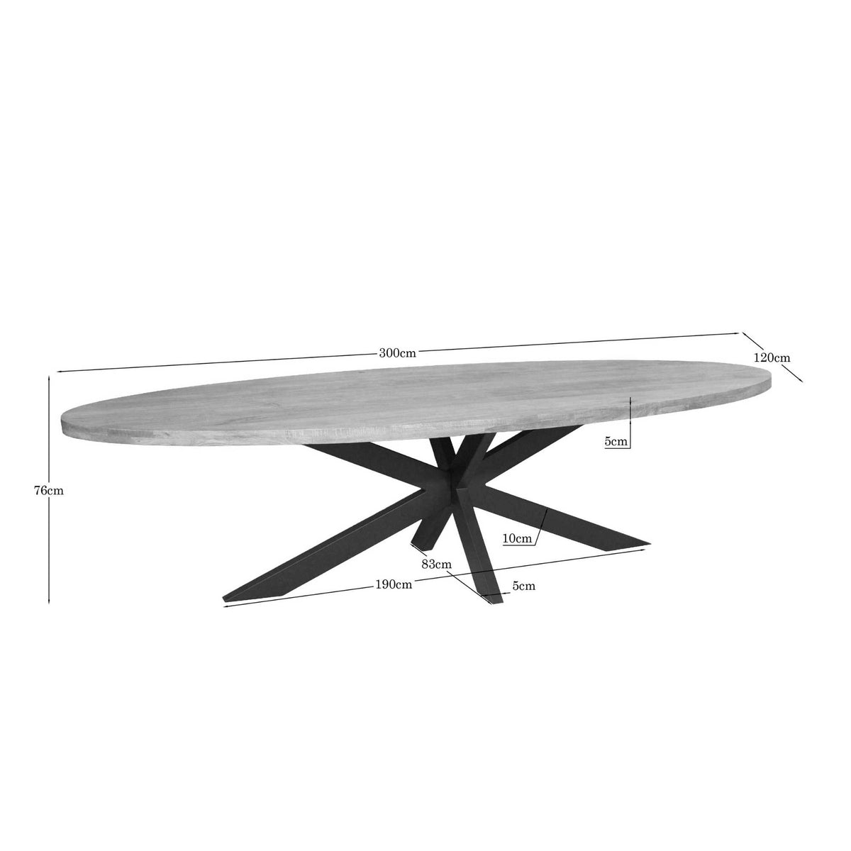 Ovale eettafel met houten blad, zwarte poten en zichtbare maatvoering