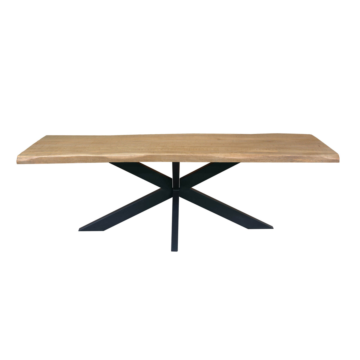 Boomstamtafel met houten blad en zwarte metalen kruispoot, zijaanzicht, lengte 200 cm