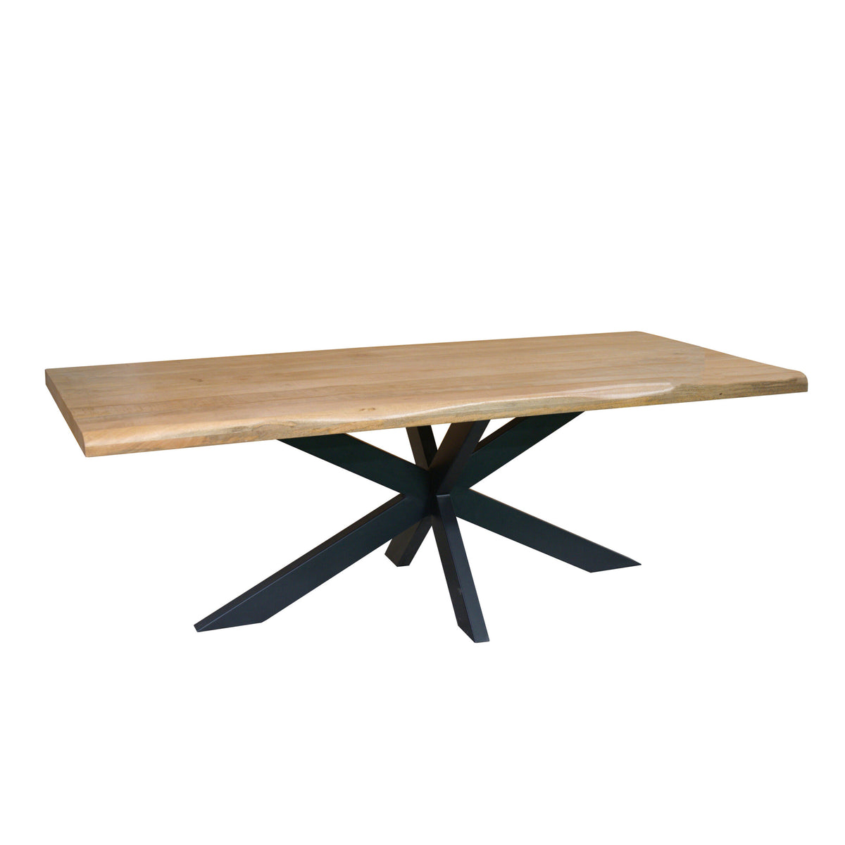 Boomstamtafel met lang houten blad en zwarte kruispoot onderstel