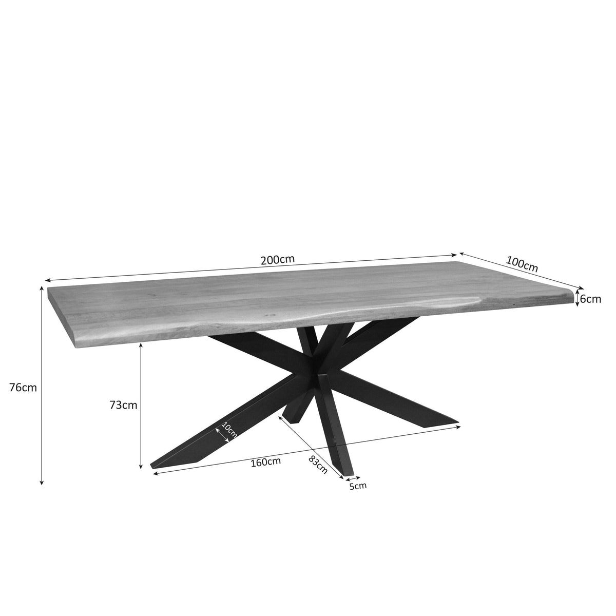 Boomstamtafel met houten blad en zwarte poten, maten 200×100×76 cm