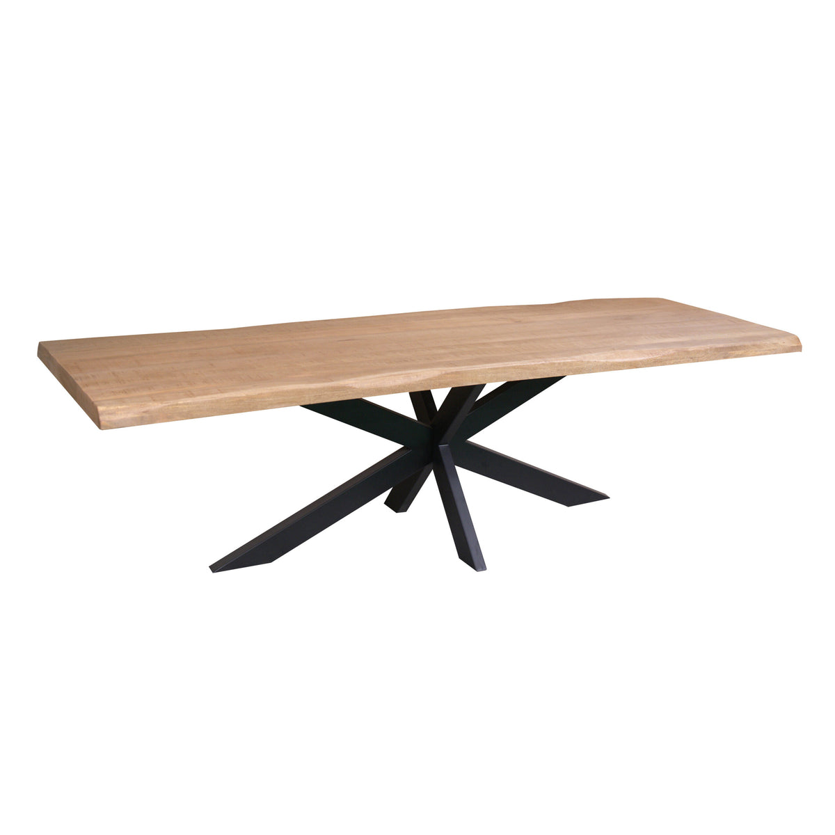 Boomstamtafel met lang houten blad en zwarte metalen steunpoot, 240 cm