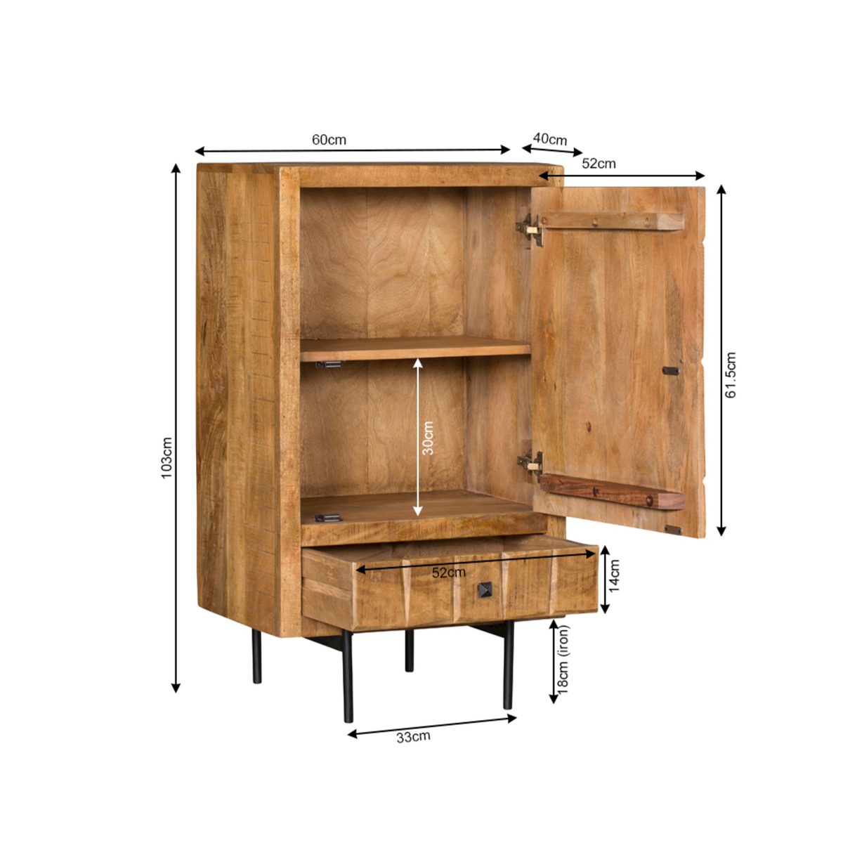Houten kast met afmetingen en open deur, bruin front met lade.