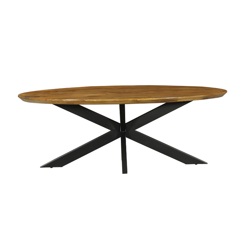 Ovale eettafel met honingkleurig houten blad en zwarte kruispoten
