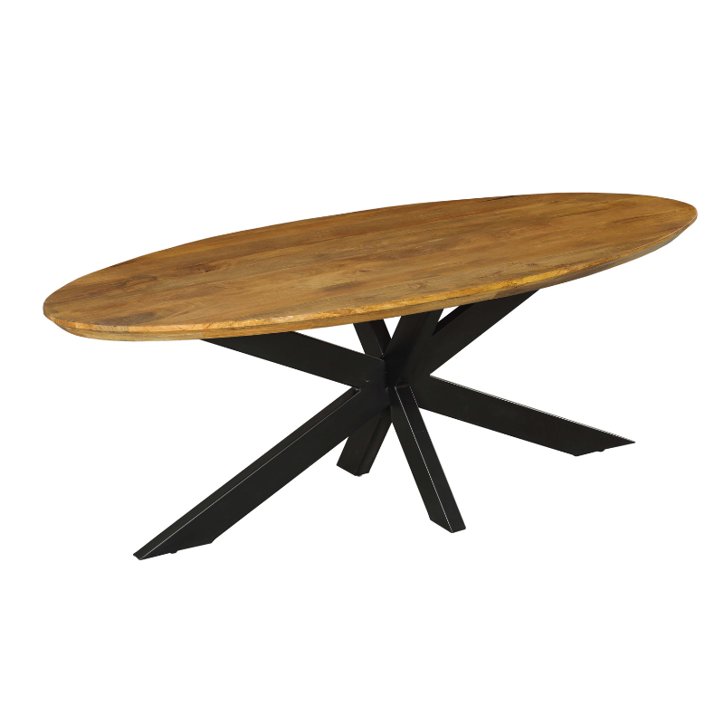 Ovale eettafel met honingkleurig blad en zwarte kruisvormige poten onder het frame