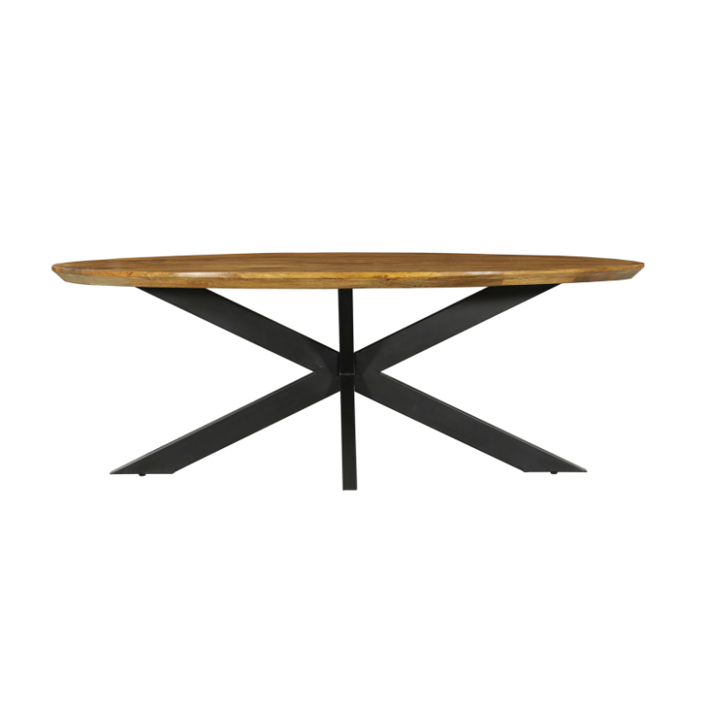 Ovale eettafel met houten blad en zwarte kruispoten, frontaal zicht op de constructie