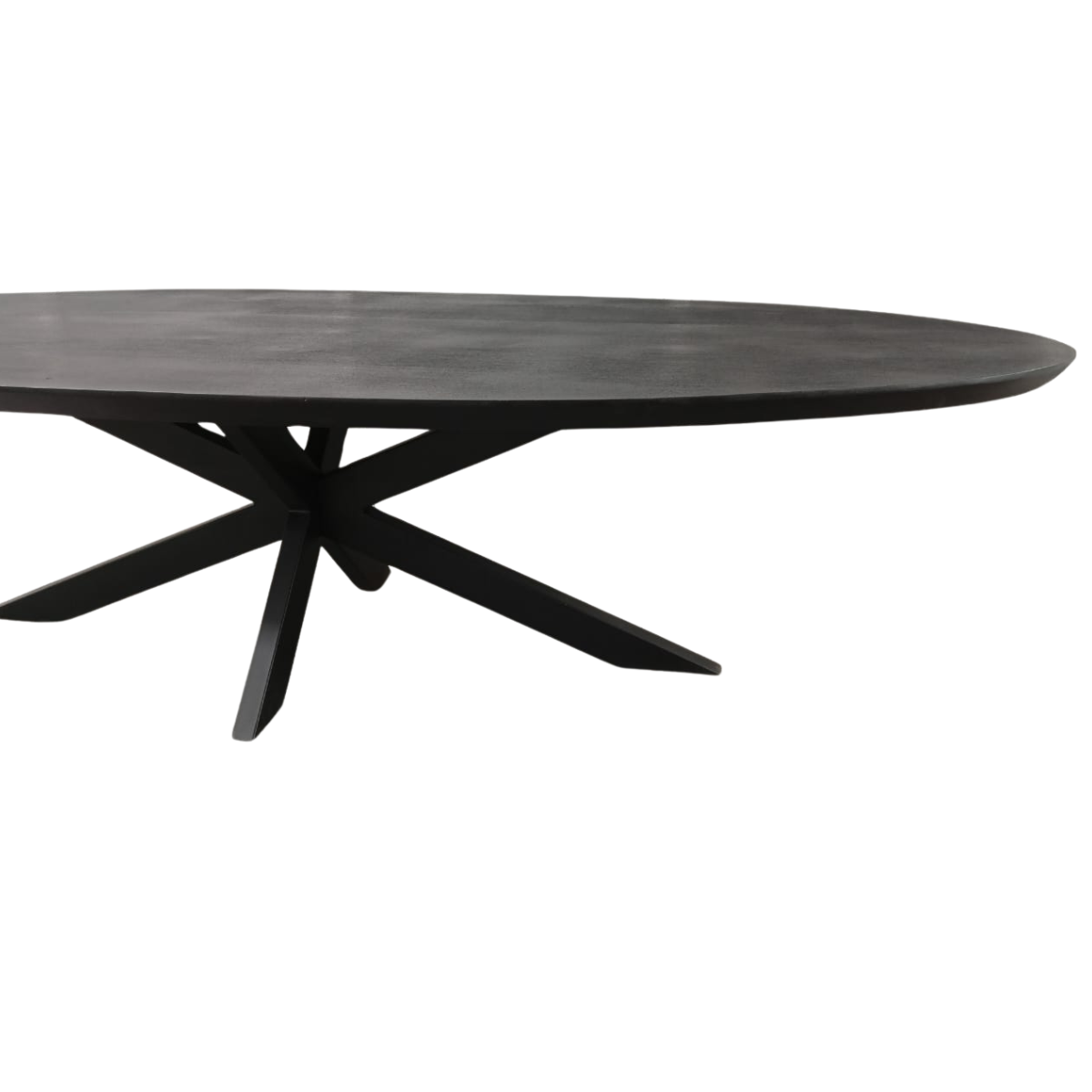 Ovale eettafel met zwart blad en kruisend onderstel met drie poten