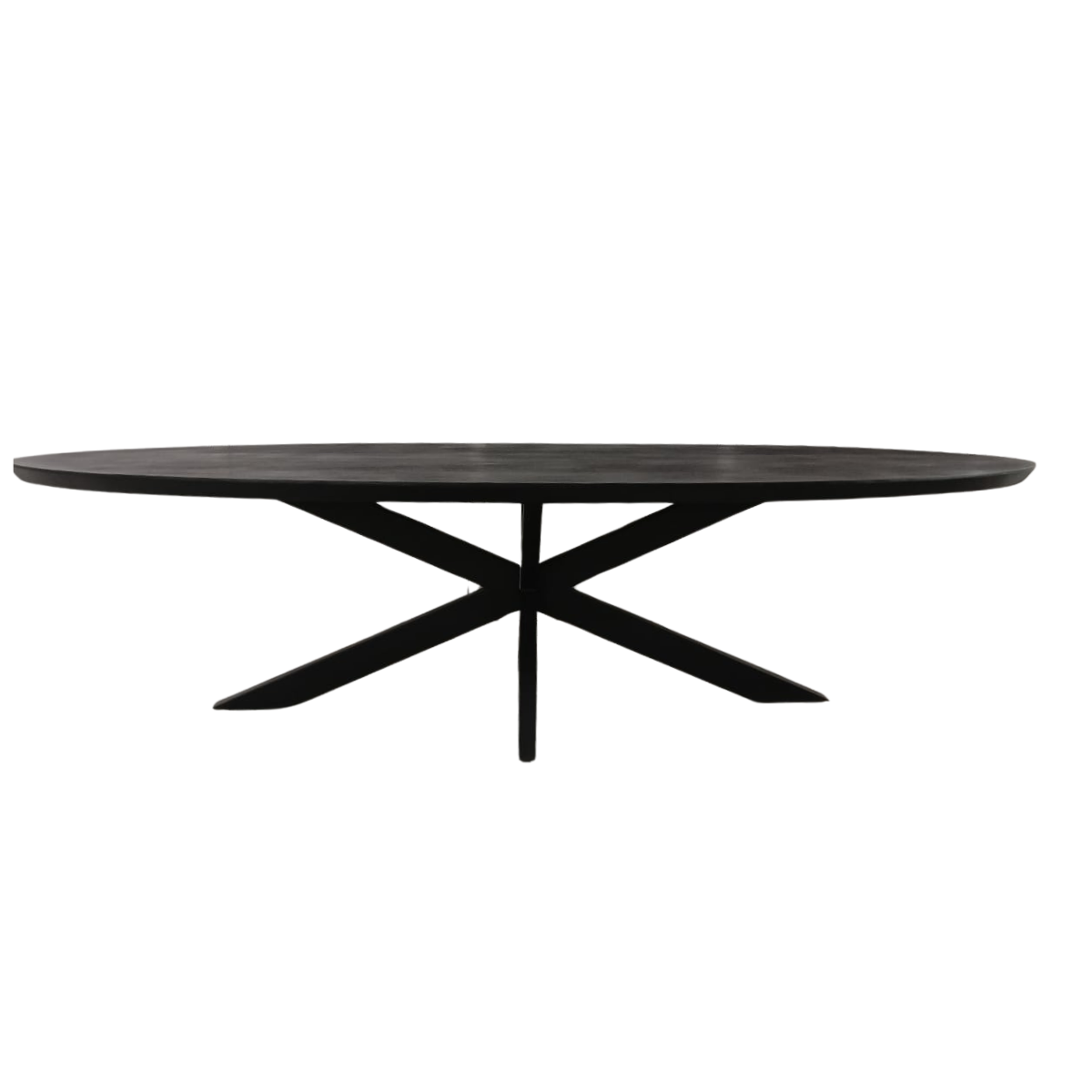 Ovale eettafel met zwart blad en centrale poot met stervormig onderstel