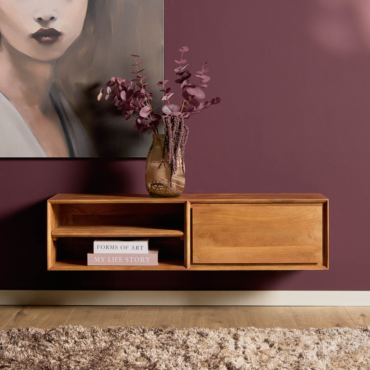 Zwevend tv-meubel in naturel hout, open vak links en lade rechts, 120 cm