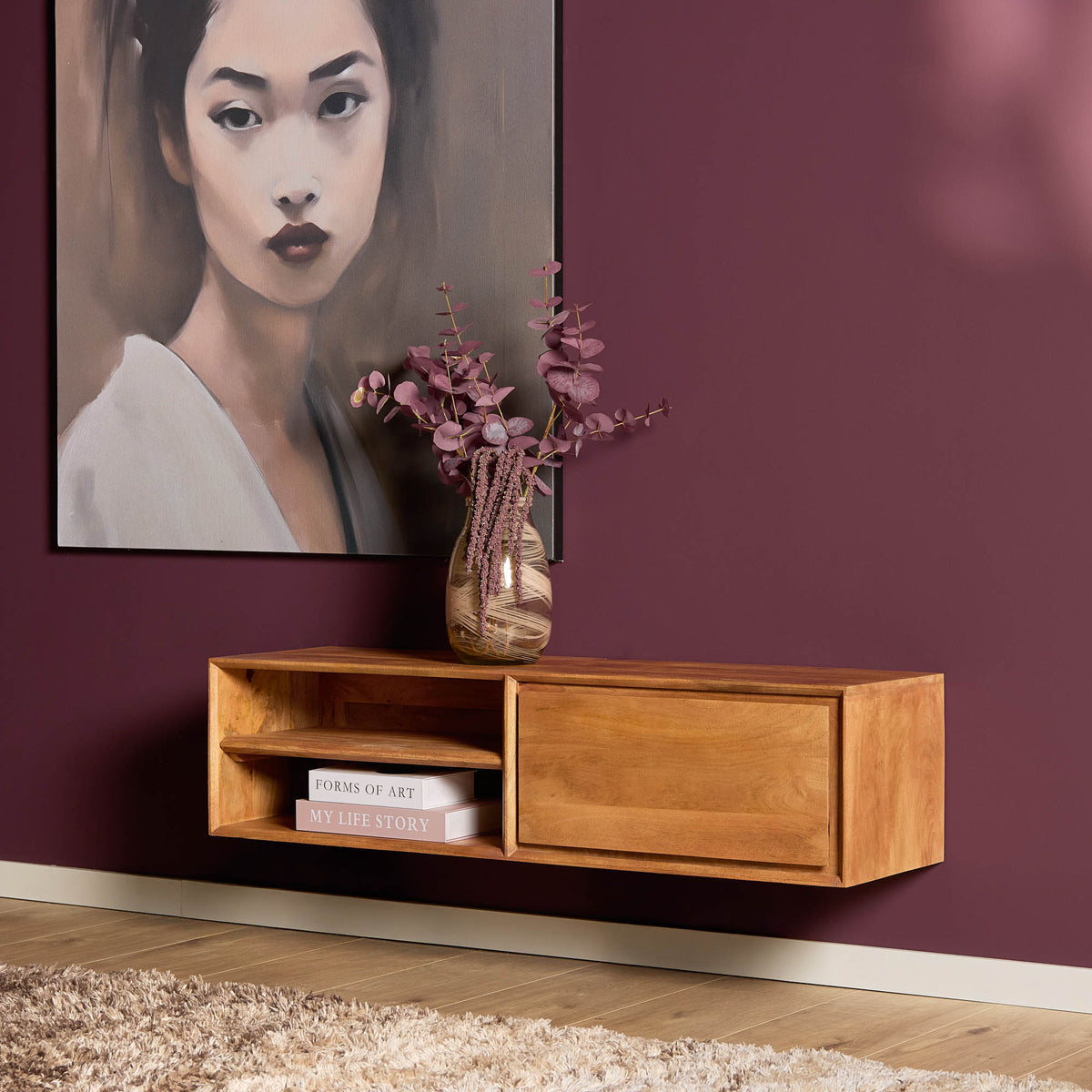 Zwevend tv-meubel naturel hout met open vak en lade, strakke rechthoek, 120 cm