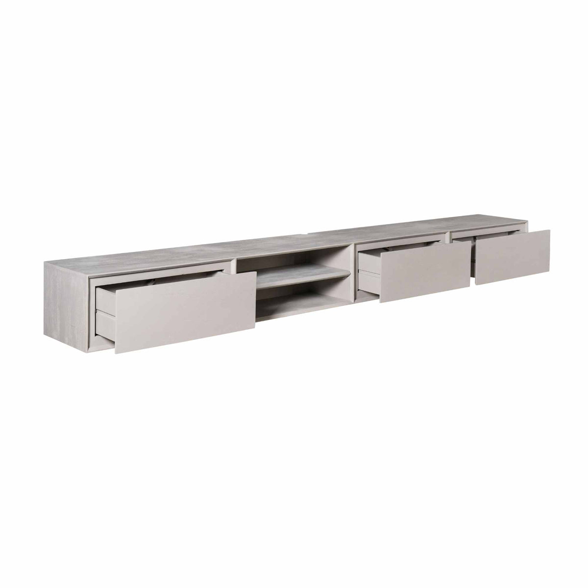 Zwevend tv-meubel in taupe met open middenplank en 3 schuifladen