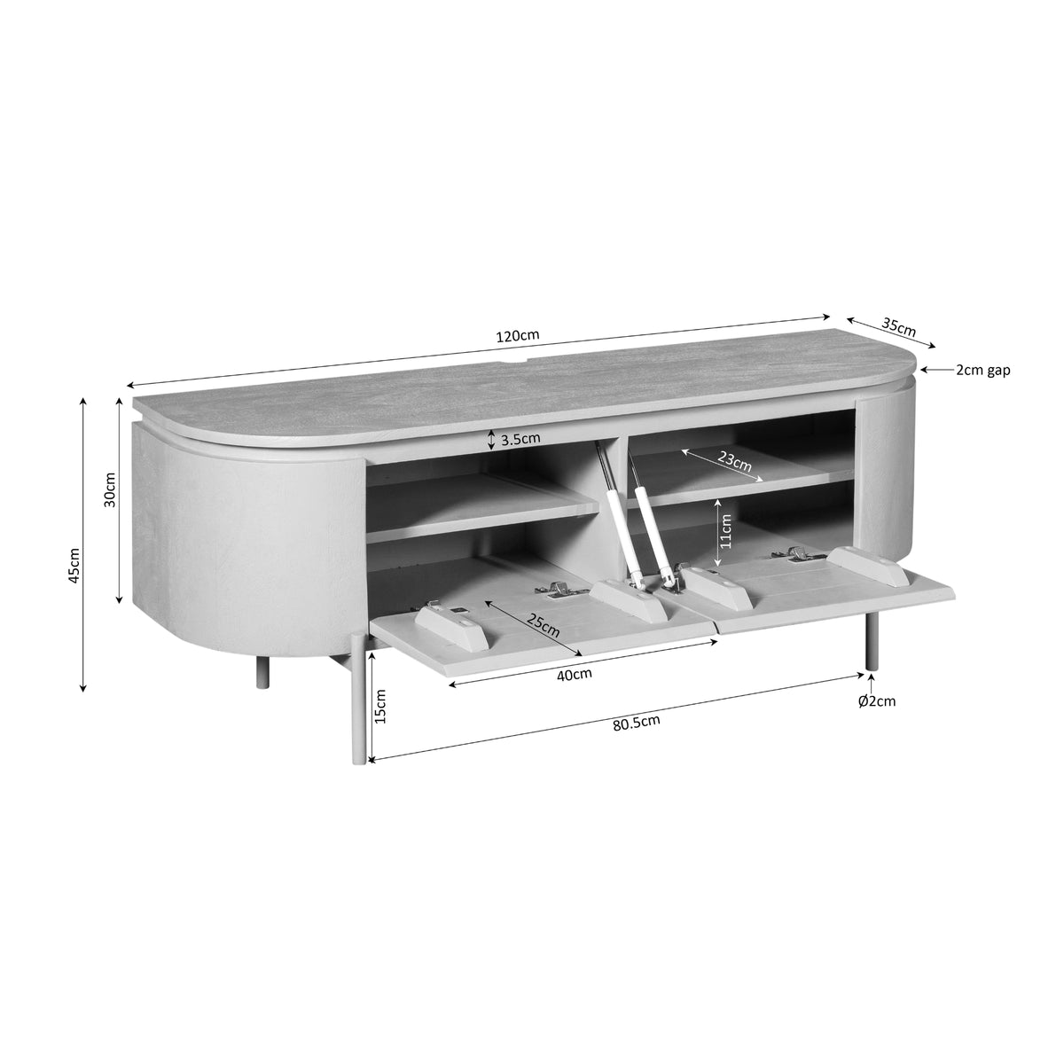 Tv-meubel taupe met open opbergruimte en legplanken; centrale kabelopening zichtbaar.