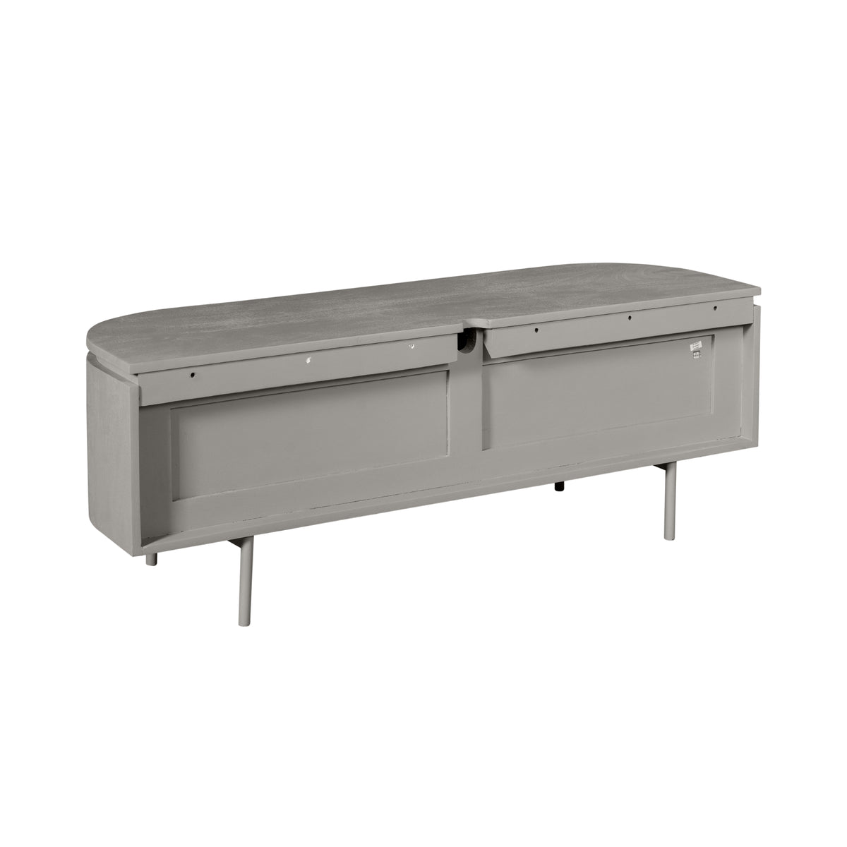 Tv-meubel taupe met open frontpaneel en scharnierende binnenzijde zichtbaar.