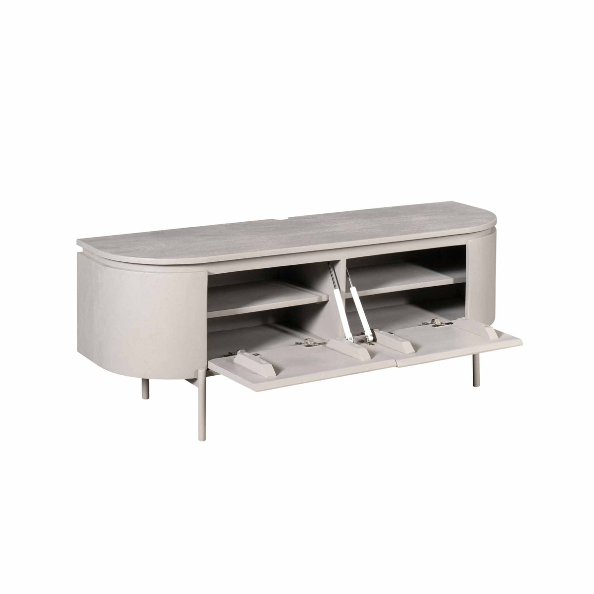 Tv-meubel taupe met open compartimenten en legplank voor media-apparatuur.