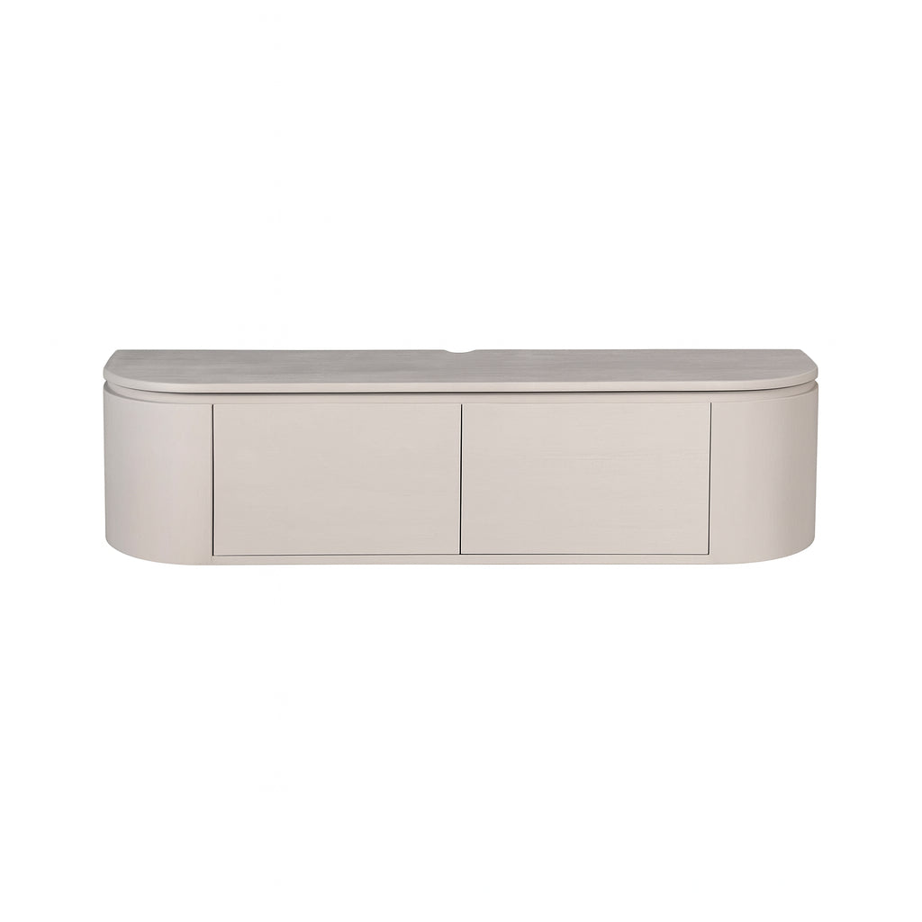 Taupe tv-meubel met drie vakken en ronde vorm, gladde frontpanelen