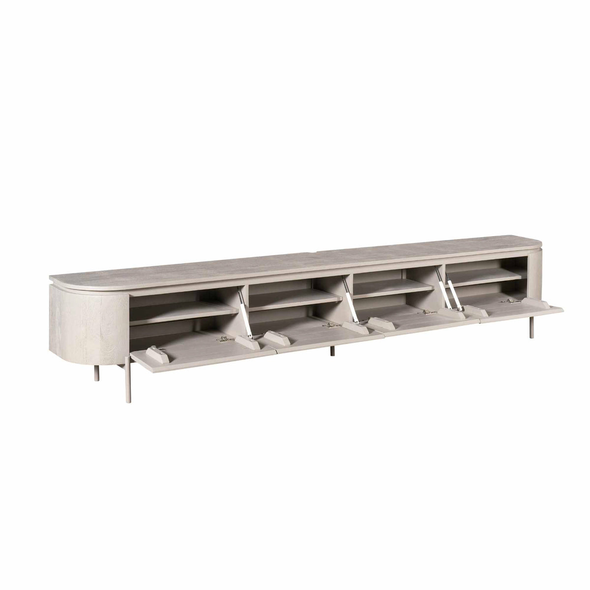 Tv-meubel taupe met open compartimenten en legplanken achter frontklep