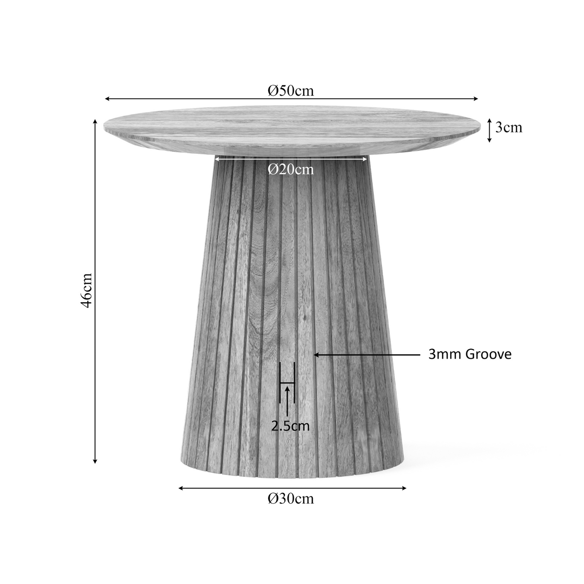 Ronde houten salontafel met massief voet, verticaal houtnerf design en 50 cm.