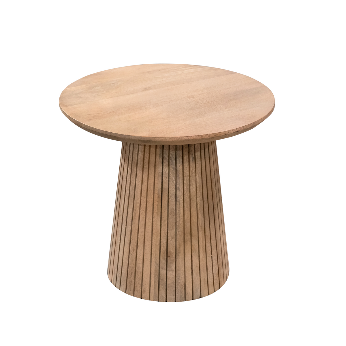 Ronde salontafel van naturel hout met rond blad en taps geribbelde poot