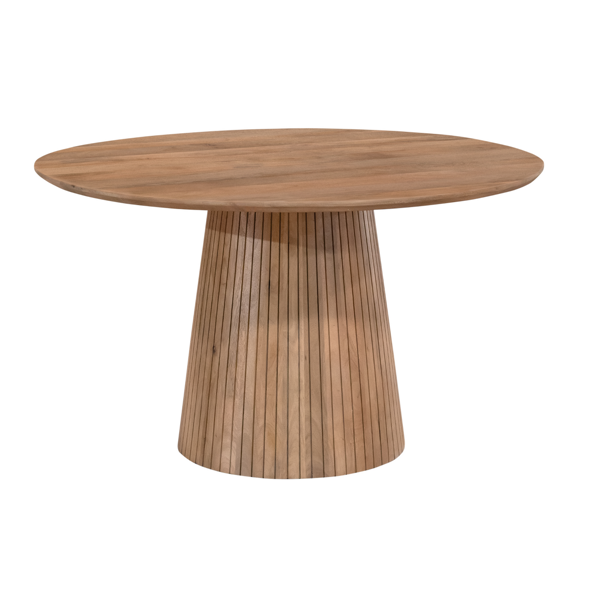 Ronde eettafel met naturel tafelblad en conische ribbelpoot, 3/4 aanzicht