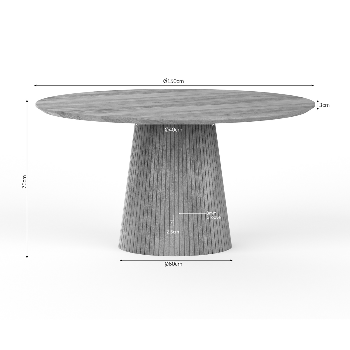 Technische tekening eettafel: Ø150 cm blad, Ø60 cm voet, hoogte 72 cm