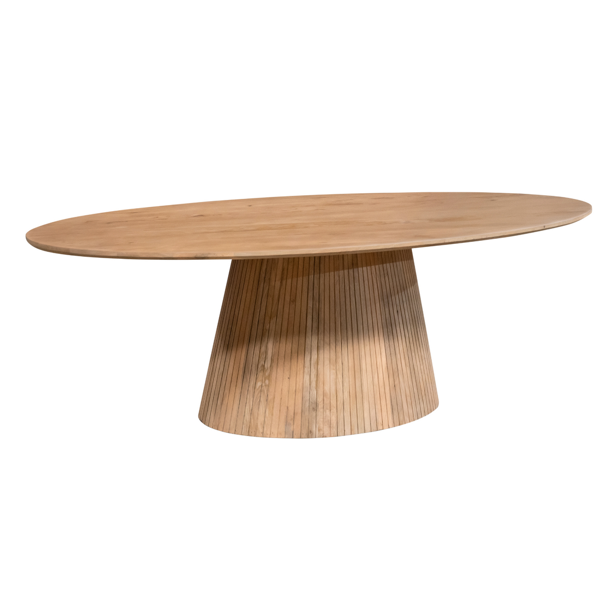 Ovale eettafel met naturel blad en centrale middenpoot, houtnerf zichtbaar