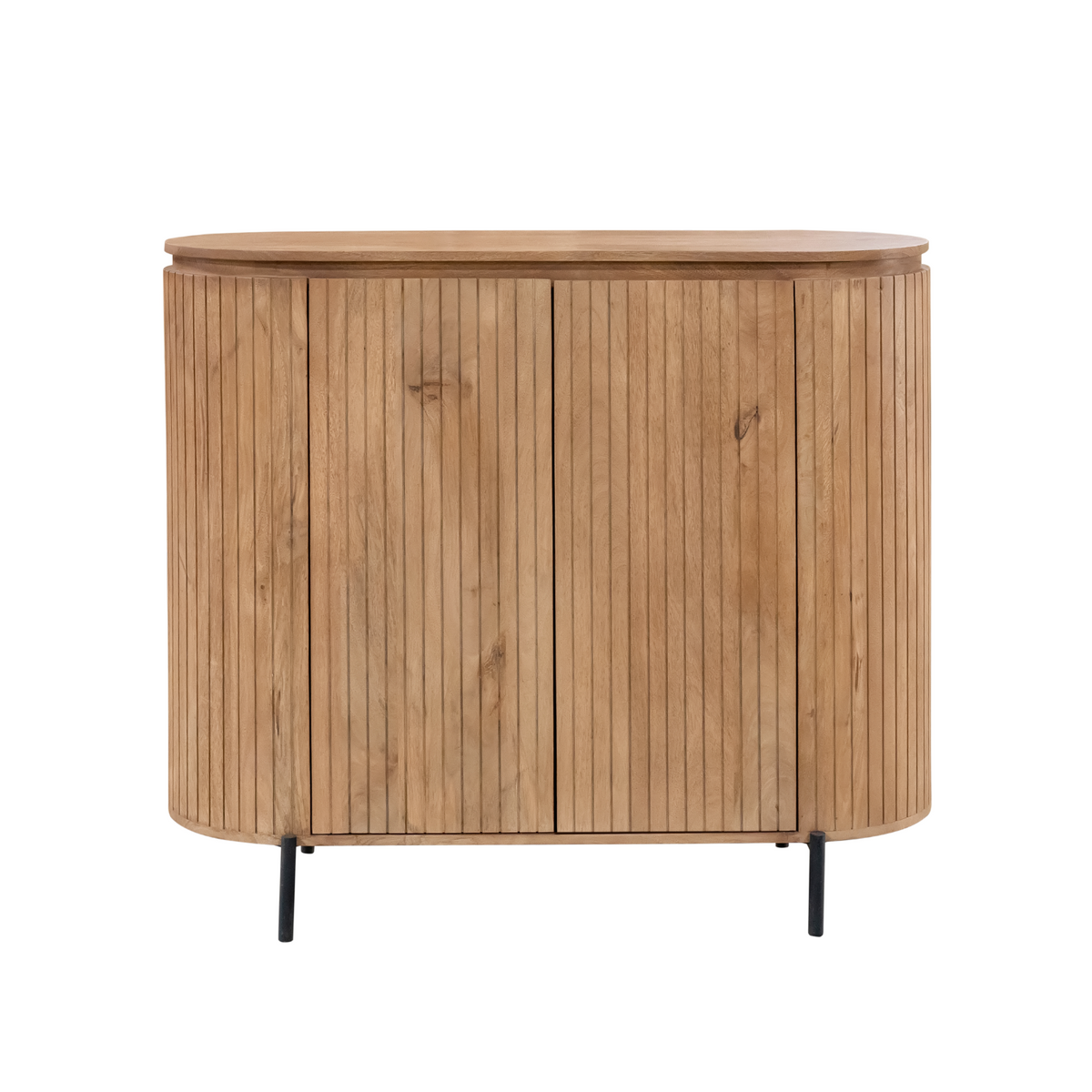 Naturel houten kabinetkast met 2 deuren, rond bovenblad en zwarte pootjes.