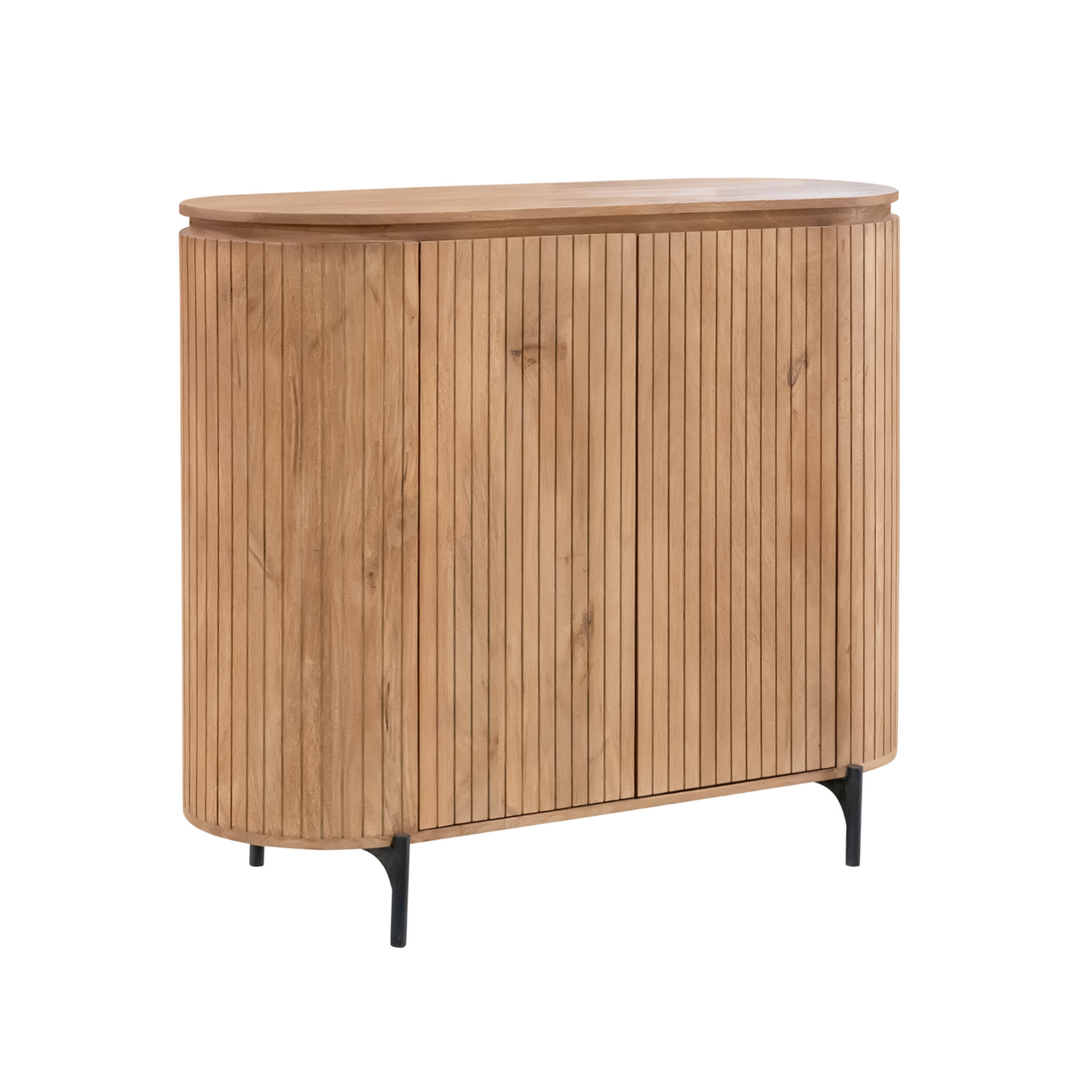 Naturel houten kabinetkast met afgeronde zijkant, 2 deuren en zwarte pootjes.