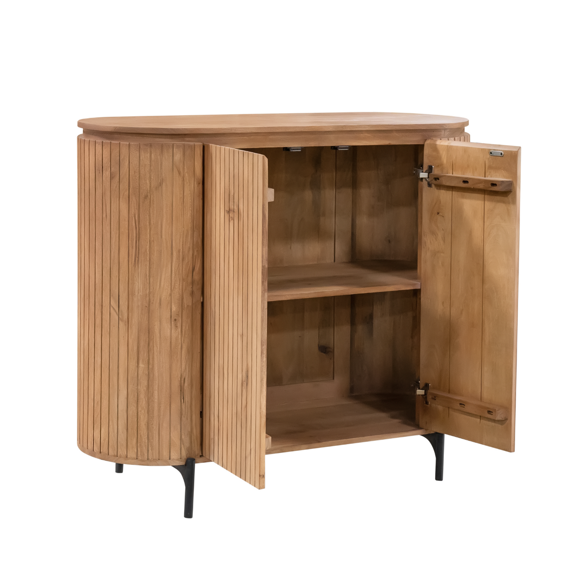 Solana kabinetkast met open deur en legplank binnenin, naturel hout.