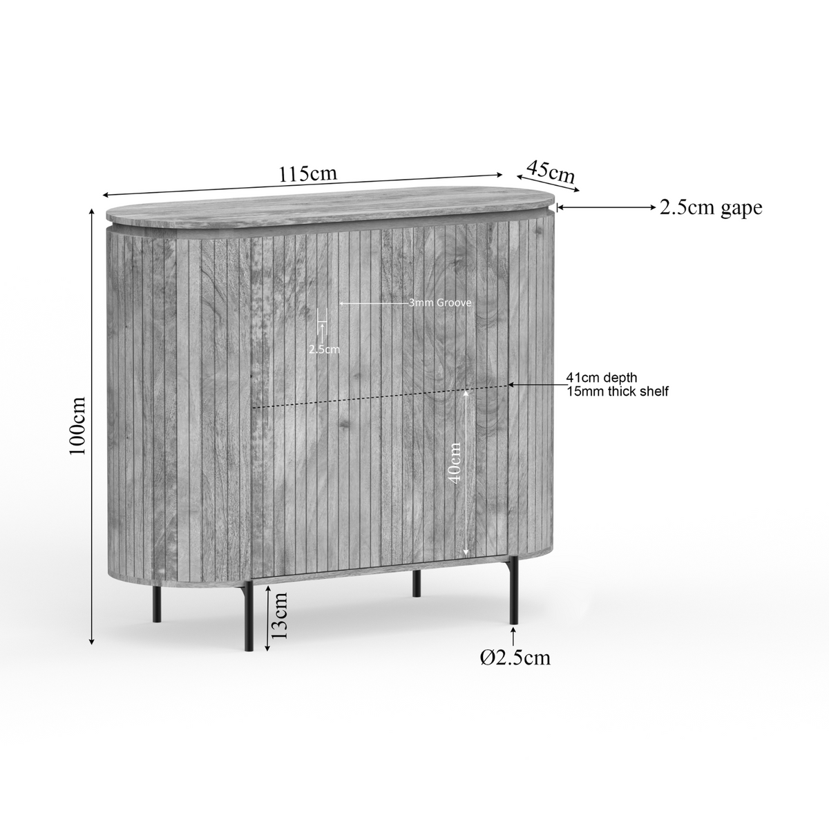 Afmetingen van Solana kabinetkast: 115 cm breed, 100 cm hoog, 41 cm diep.