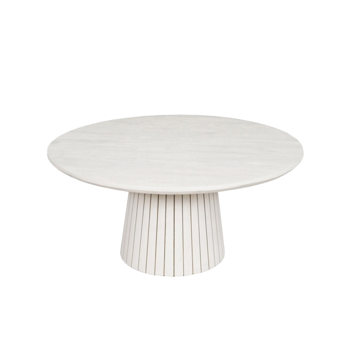 Ronde salontafel, zandkleurig mangohout met breed blad en geribbelde poot