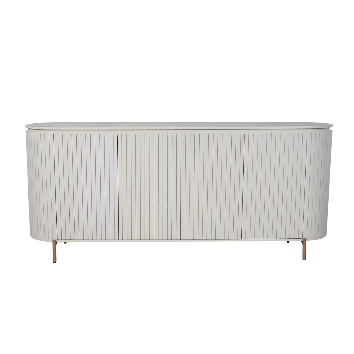 Dressoir met geribbelde fronten, licht zandkleurig, twee deuren, houten pootjes