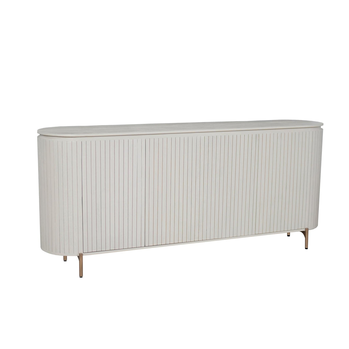 Dressoir met geribbelde fronten en afgeronde hoeken, licht zandkleurig, houten pootjes