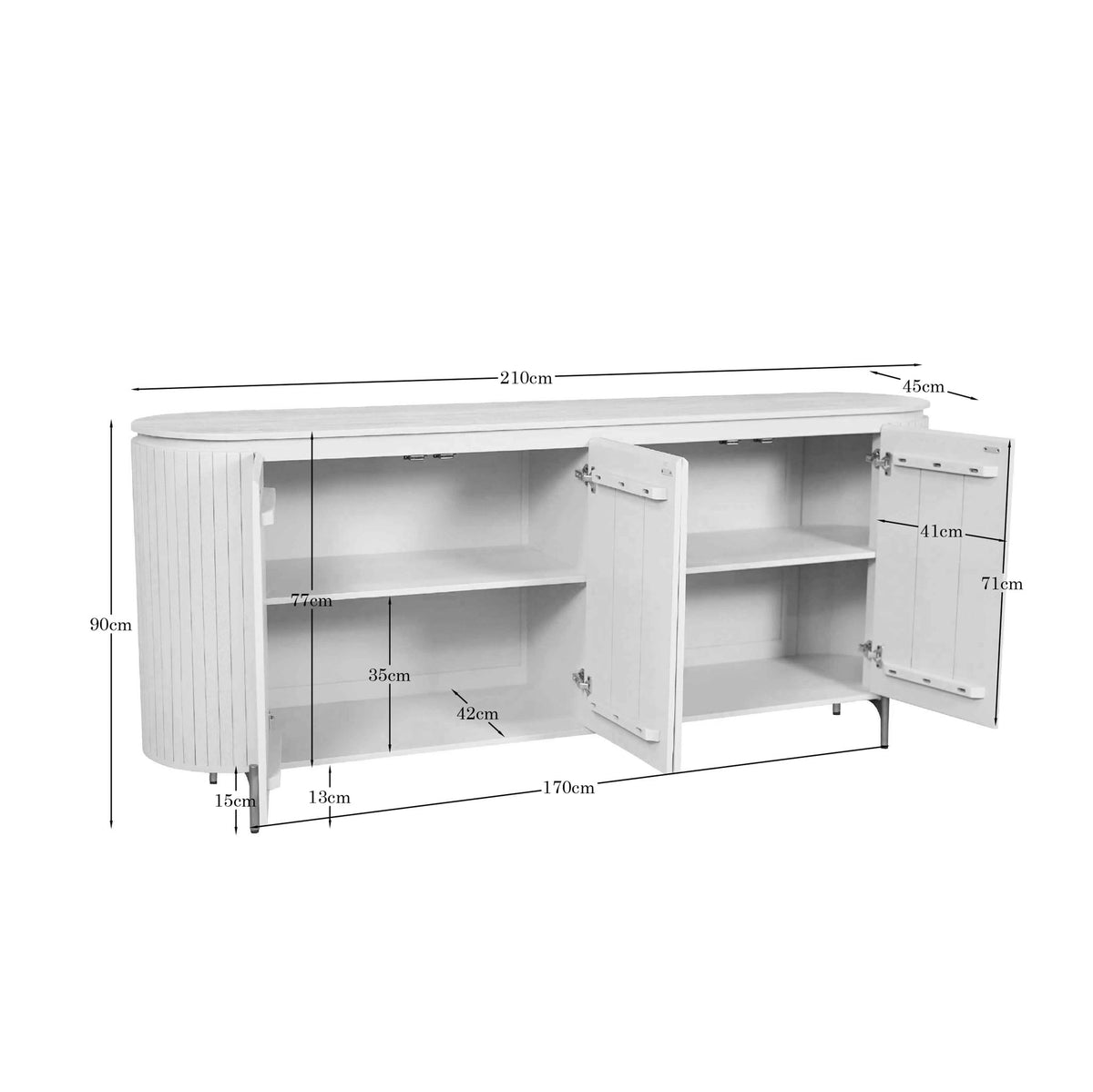 Dressoir afmetingen: 210×90×45 cm; open indeling met schappen en twee deuren