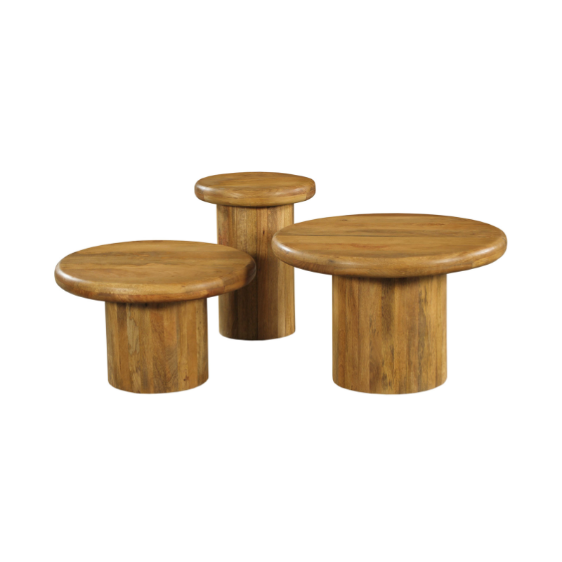 Ronde houten salontafelset (3 stuks) met afgeronde randen en cilindrische voeten