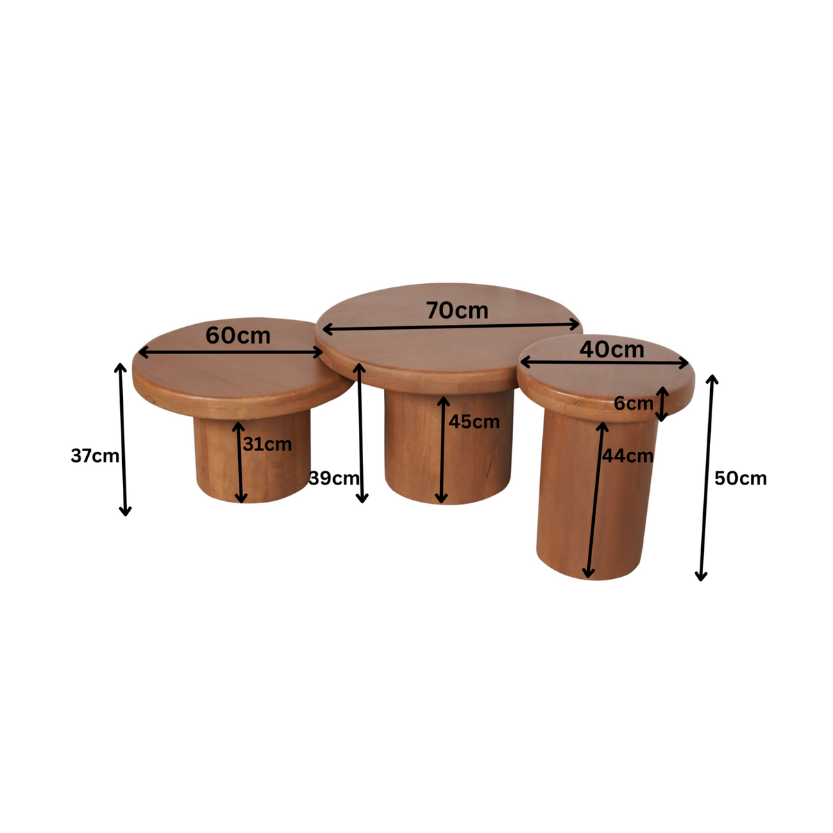 Afmetingendiagram: set van 3 ronde salontafels, hoogtes tot 50 cm
