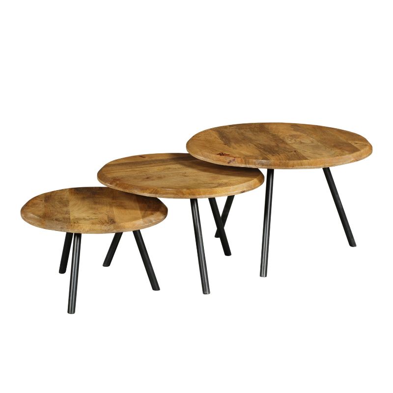 Set van 3 ronde salontafels met houtnerfbladen en zwarte poten, zijaanzicht