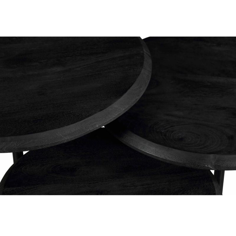 Zwarte ronde salontafel met houtnerf, afgeronde rand en poten
