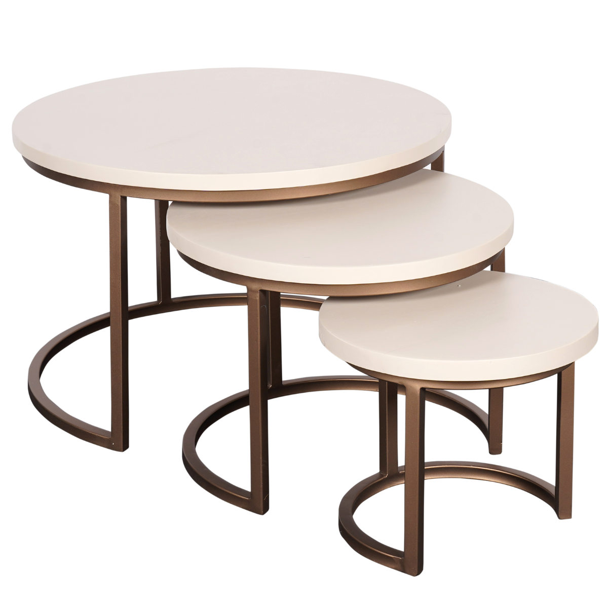 Salontafel set van 3 in zandkleur: ronde tafels met donkerbruine framebogen